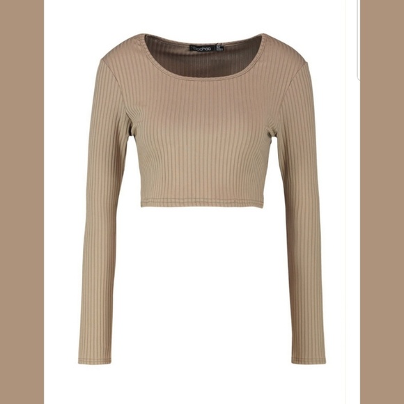 Boohoo Tops - Khaki Scoop Neck Crop Top Long Sleeves Size 10